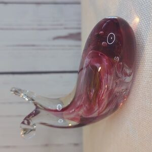 Murano Style Glass Signed‎ Corcoran Whale Clear Cranberry Paperweight Figurine